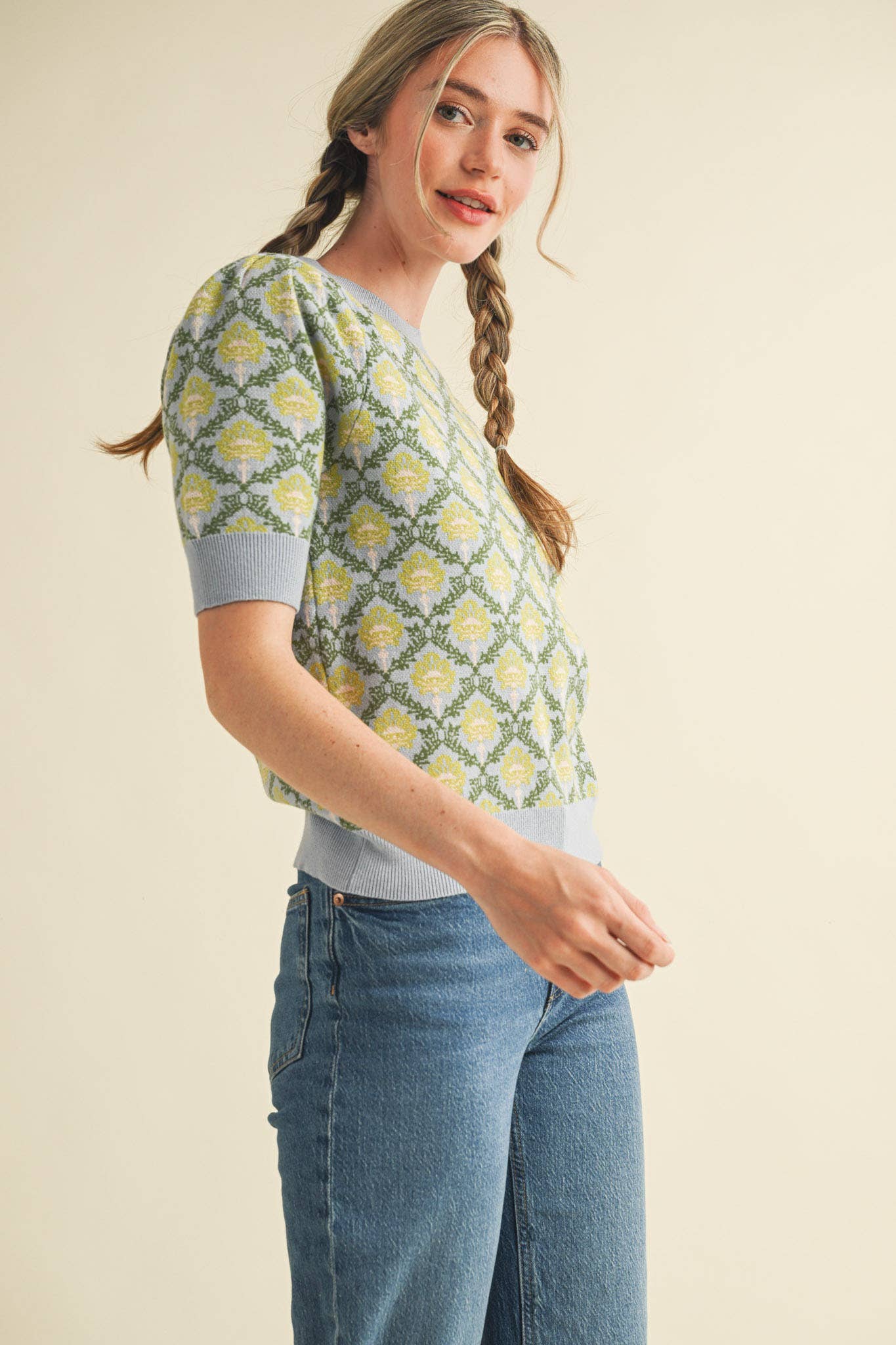 &MERCI - Wholesale Knit Sweater - Women's - FLORAL PATTERN SHORT SLEEVE SWEATER MSW1086042