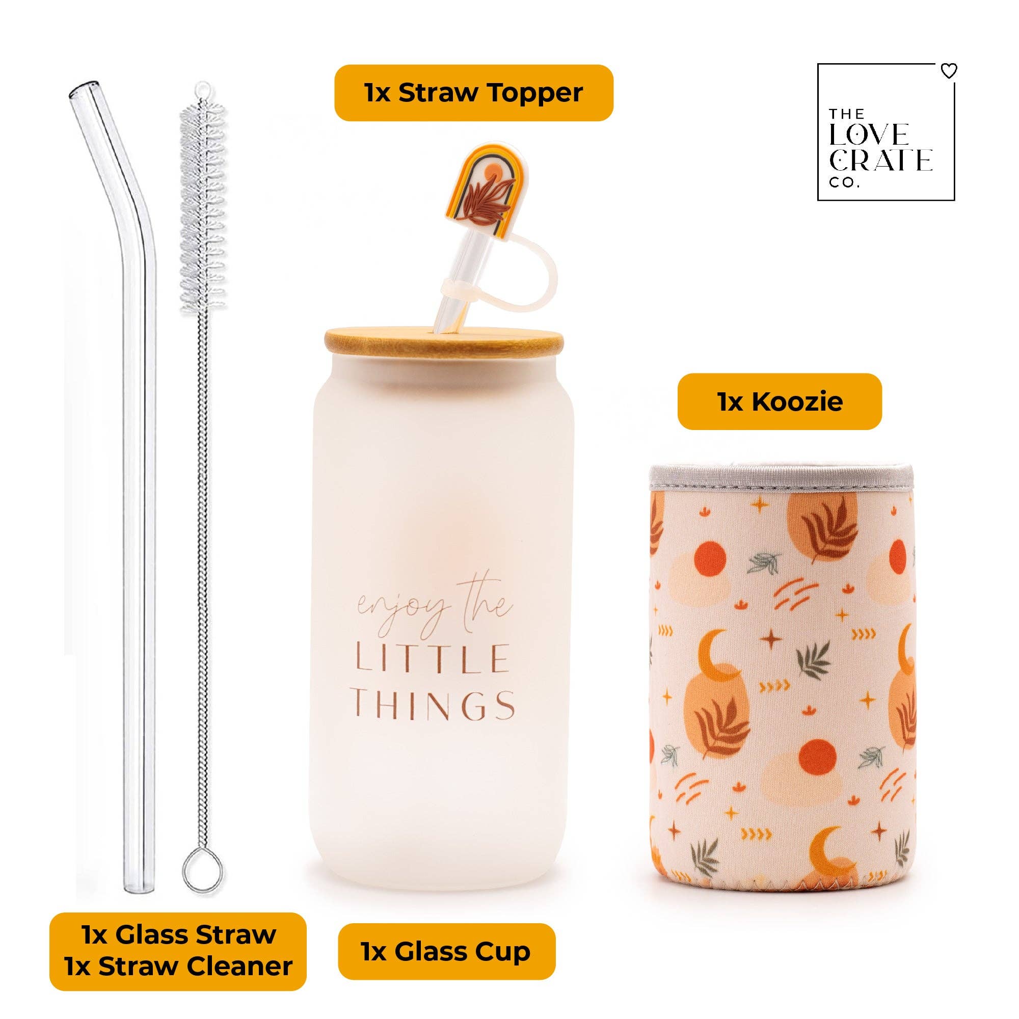 The Love Crate Co. - Wholesale Drinking Glass/Cup - Boho Gifts for Women - Cute Design Glass Cup with Lid and Straw, Customized Stopper and Insulated Koozie for Iced Coffee and Smoothies. Giftable Unique Tumbler Cups for Women1