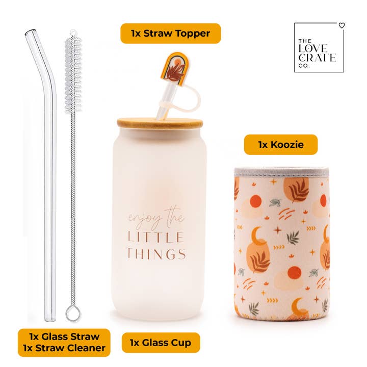 The Love Crate Co. - Wholesale Drinking Glass/Cup - Boho Gifts for Women - Cute Design Glass Cup with Lid and Straw, Customized Stopper and Insulated Koozie for Iced Coffee and Smoothies. Giftable Unique Tumbler Cups for Women1