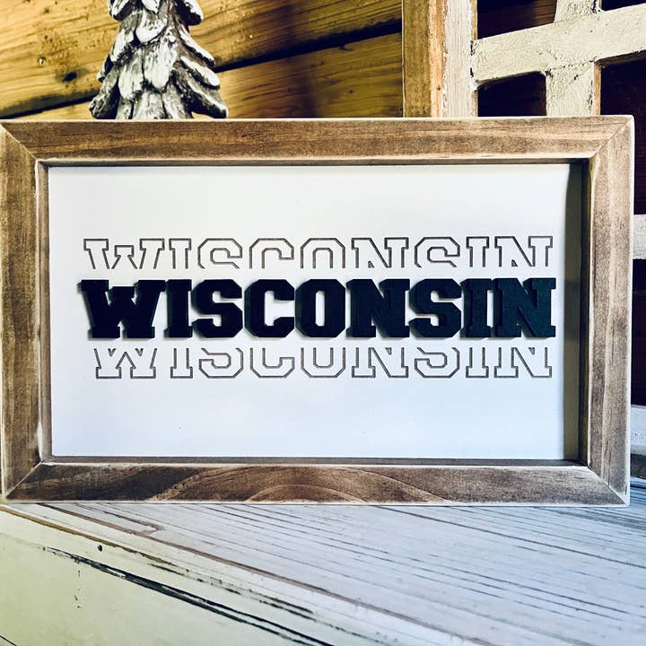 Wisconsin Farm Scene Wood Sign | Rustic Framed Print with Barn and Silos | Farmhouse Chic Decor| WI Art | WI Home Decor | WI Gifts for wholesale by The Farmer's Wife