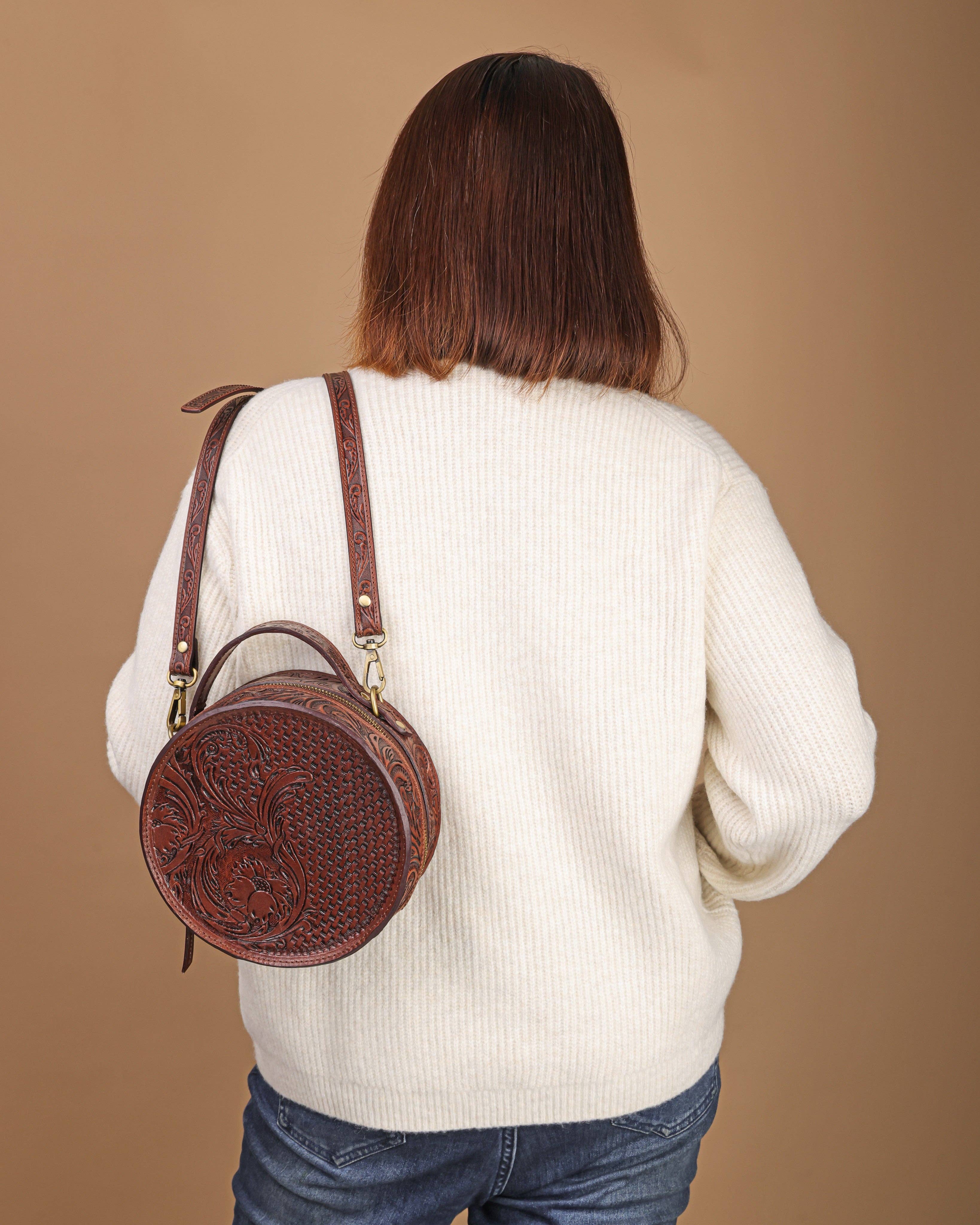 House of Kraft Jewelry & Accessories - Wholesale Top Handle Bag - Women's - Woven Petals Design | Brown Leather Bag | Round Bag6