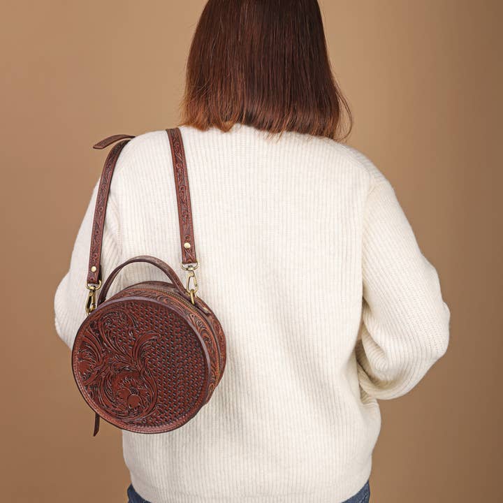 House of Kraft Jewelry & Accessories - Wholesale Top Handle Bag - Women's - Woven Petals Design | Brown Leather Bag | Round Bag6