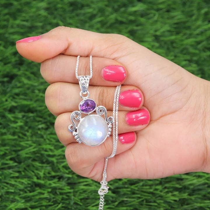 Jay Jools - Wholesale Pendant/Charm Necklace - Rainbow Moonstone Chain Pendant 925 Sterling Silver Jewelry3