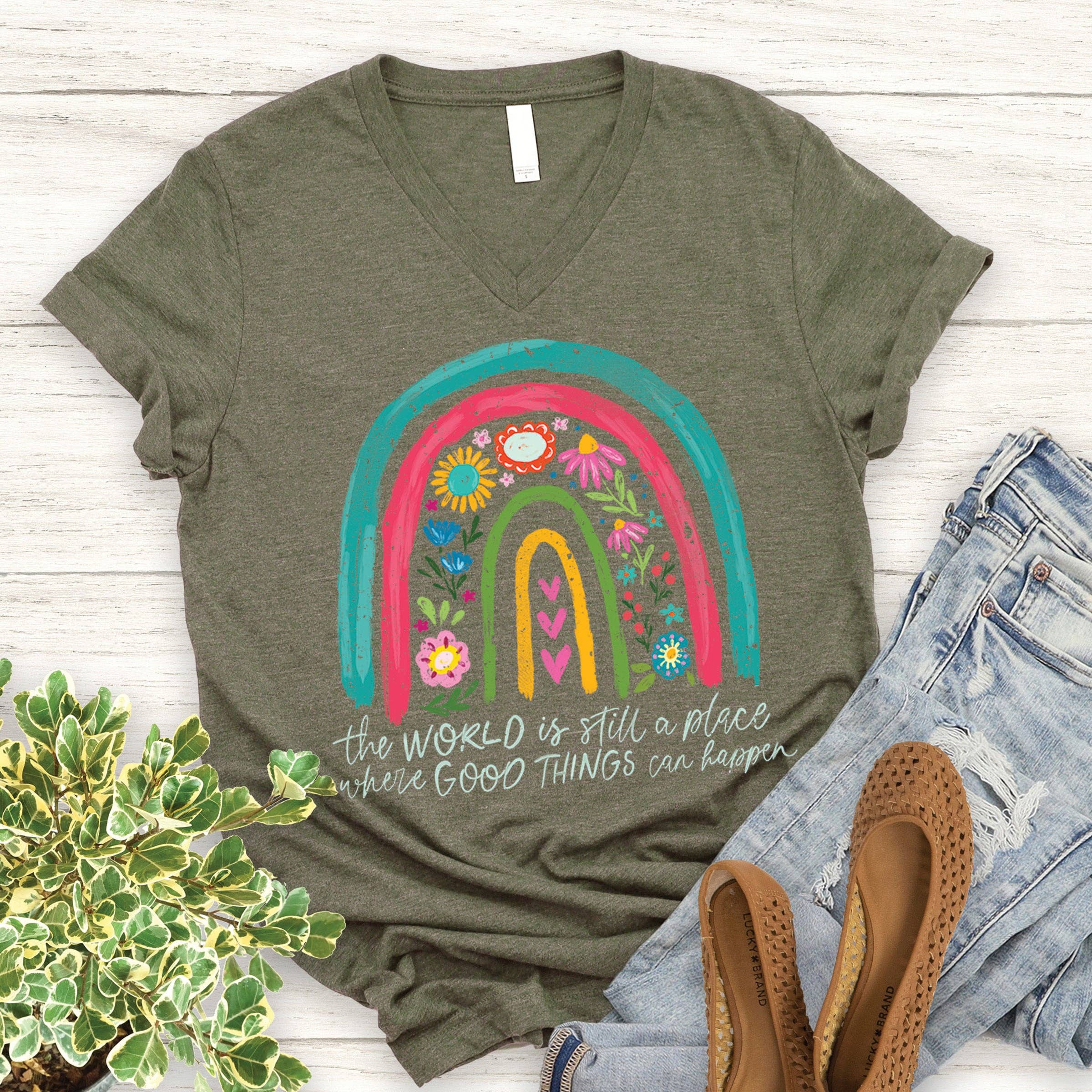 Love in Faith - Wholesale Screen Printed T-Shirt - Women's - Good Things Can Happen V-Neck Graphic Tee0