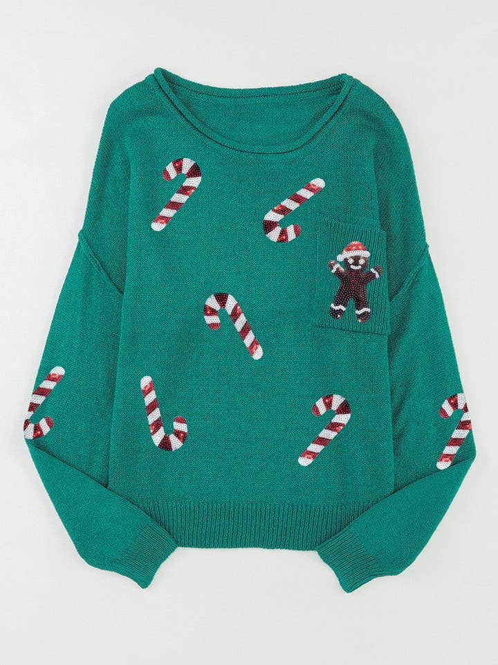 Green Sequined Candy Canes Gingerbread Man Sweater for wholesale on Faire