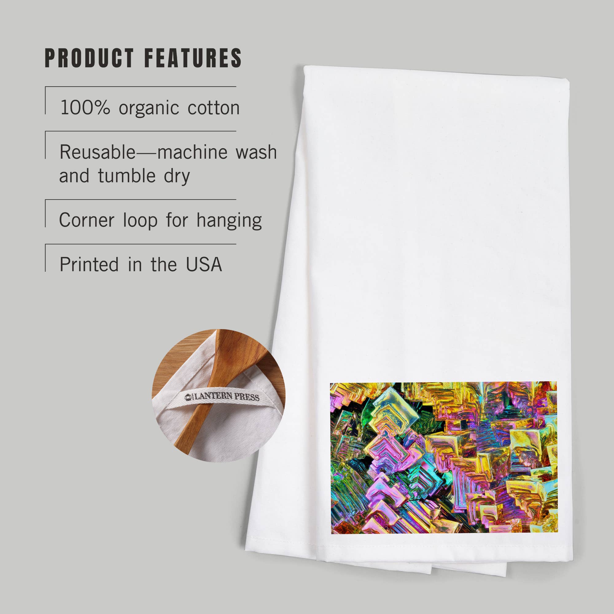 Lantern Press – wholesale Tea towel – ORGANIC TEA TOWEL Amazing Rainbow Bismuth Gemstone Crystals2