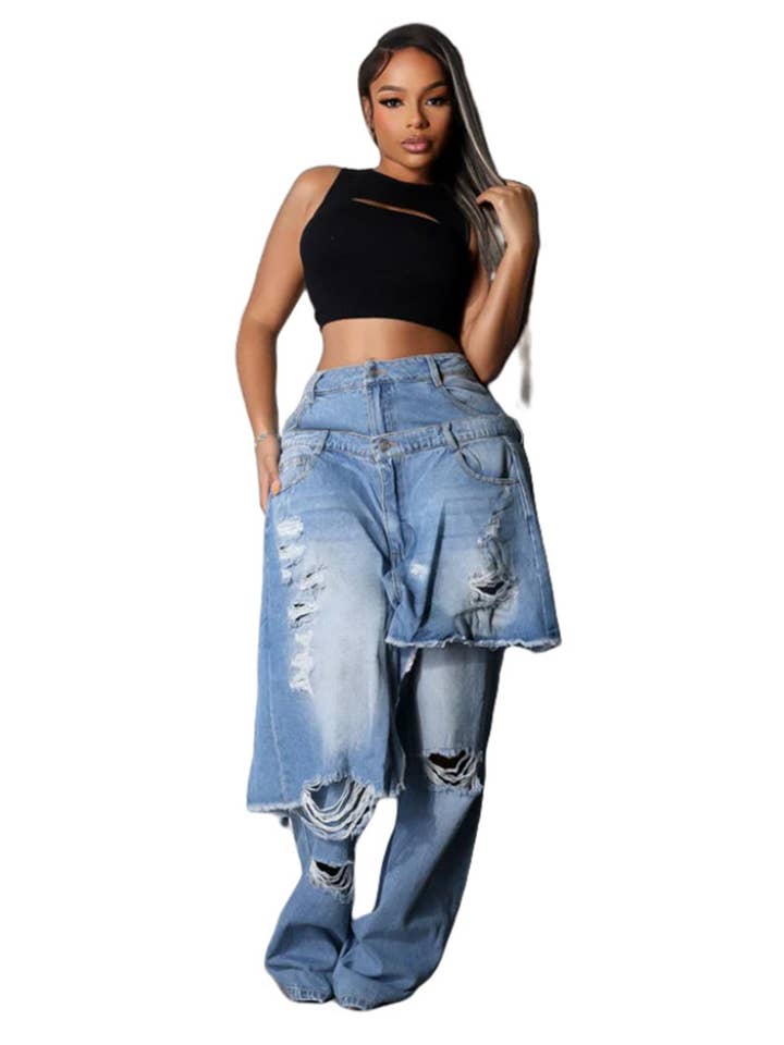 Apron Frayed Hem Straight Leg Pant Set for wholesale by Aria Romance