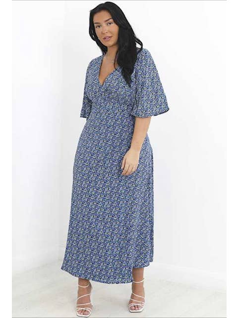 Aarya – Engroshandel Kjole - Dame – Plus størrelse blå blomsterkjole lang