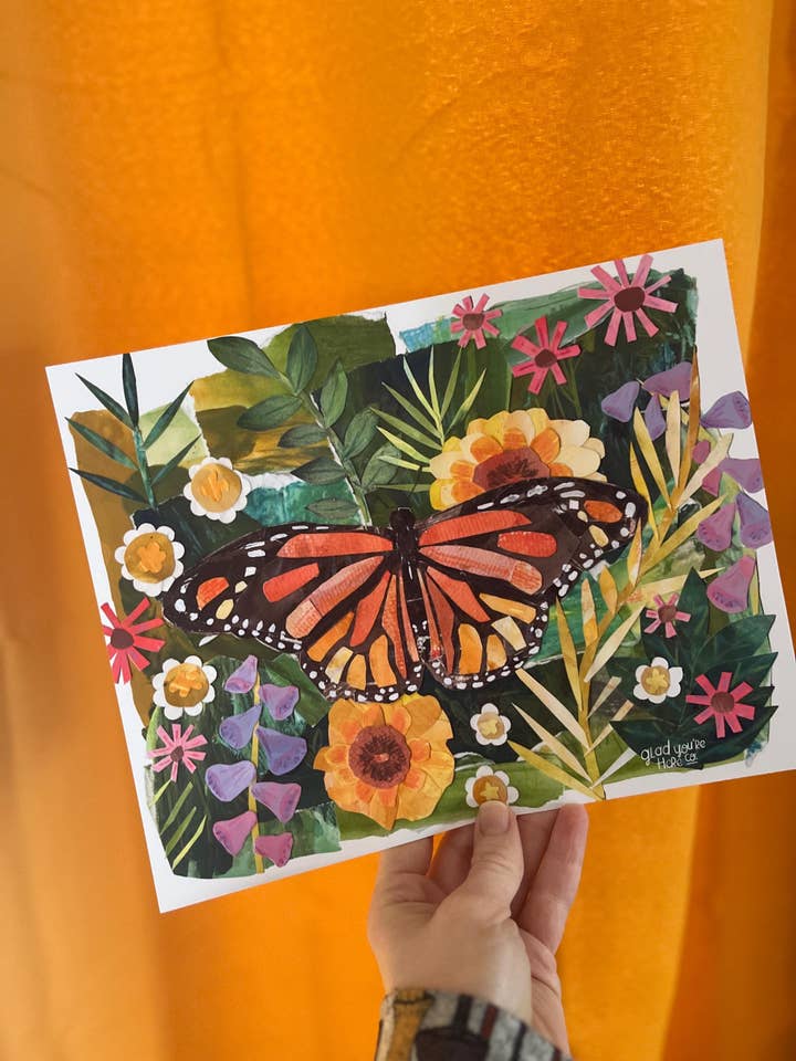 Monarch Butterfly Garden Collage Art Print | Nature-Inspired Mixed Media Wall Decor, Botanical Butterfly Illustration, Blooming Garden Art for wholesale by glad you're here co