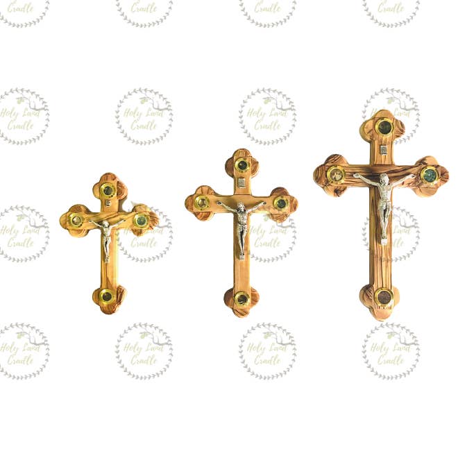 Olive Wood Cross With Corpus & 4 glasses for wholesale by Holy Land Cradle