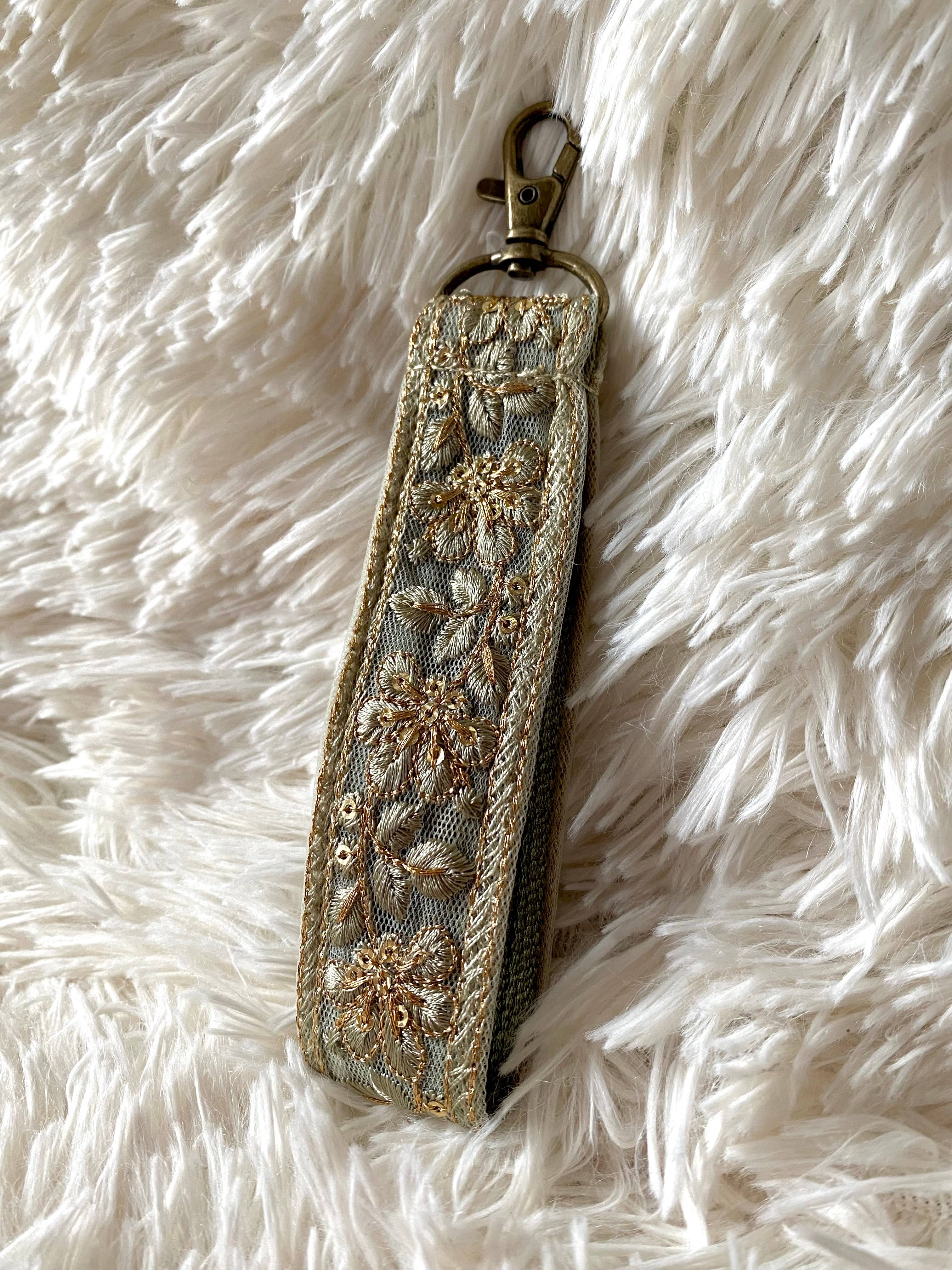 Temple of Treasure - Wholesale Keychain - Women's - Golden Glow in Green ~ floral fabric keychain with hook ~ 1