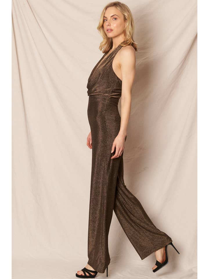 Gold Halter Cowl Neck Glitter Metallic Jumpsuit for wholesale on Faire