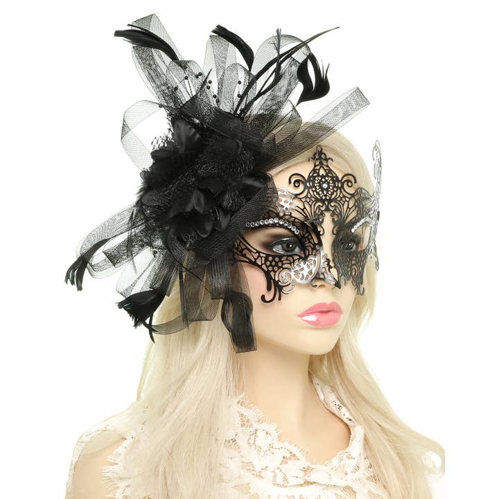 SP Sophia Collection - Wholesale Costume - Women's - Rhinestone Pave Masquerade Mask with Detached Fascinator