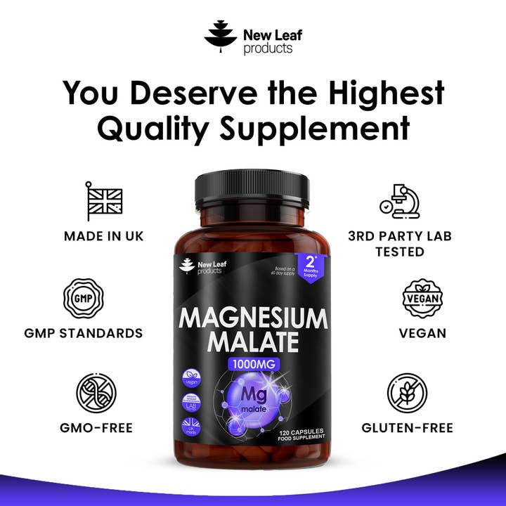 New Leaf products Ltd – wholesale Oral supplement/vitamin – Magnesium Malate Capsules (120) High Strength 1000mg Vegan4