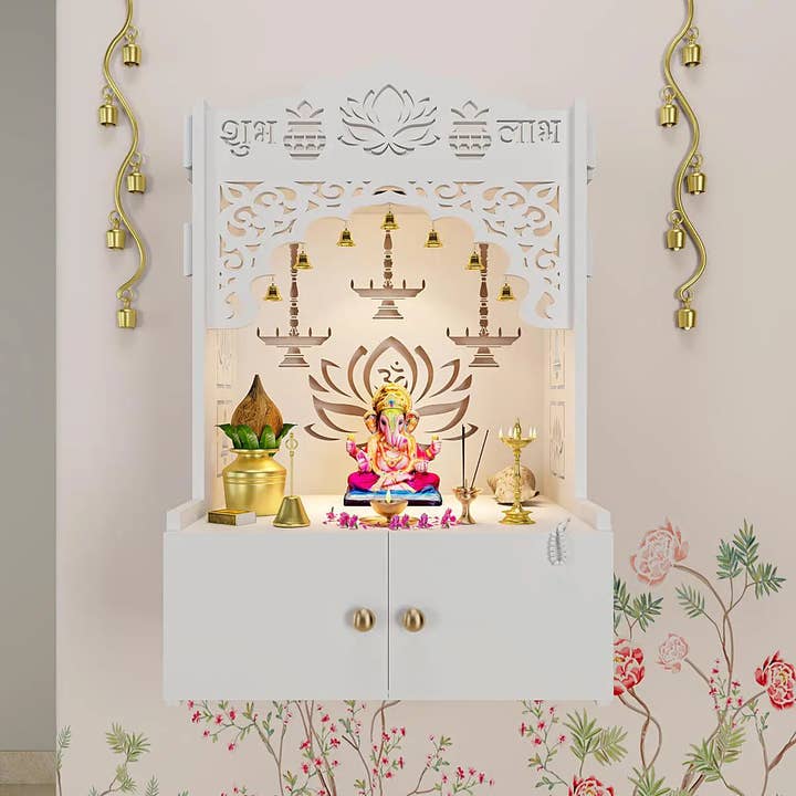Lotus White Finish Wooden Wall Mounted Temple for Home for wholesale by GoGlocal