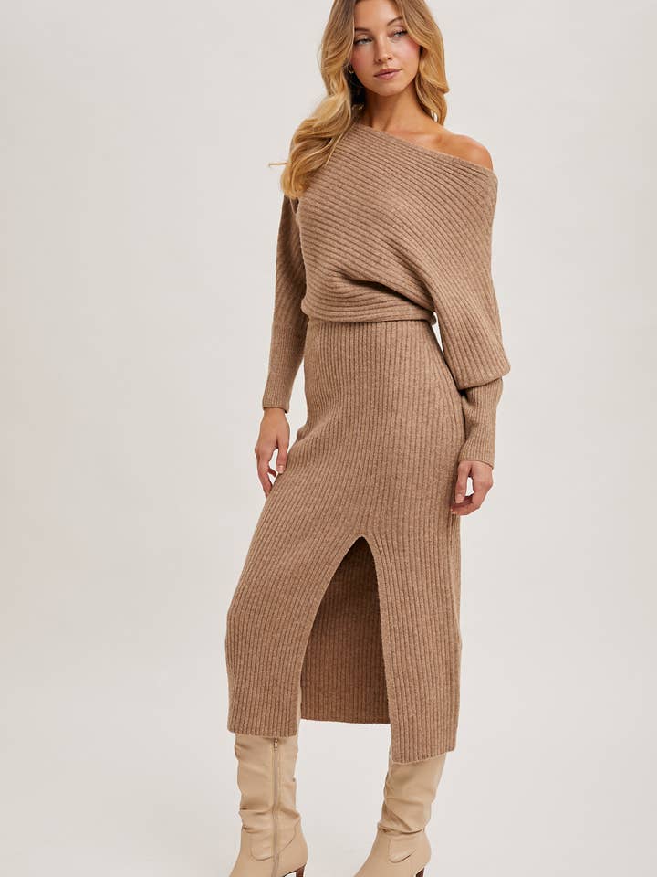 Bluivy - Wholesale Dress - Women's - ONE SHOULDER OFF SIDE SLIT MIDI KNIT SWEATER DRESS5