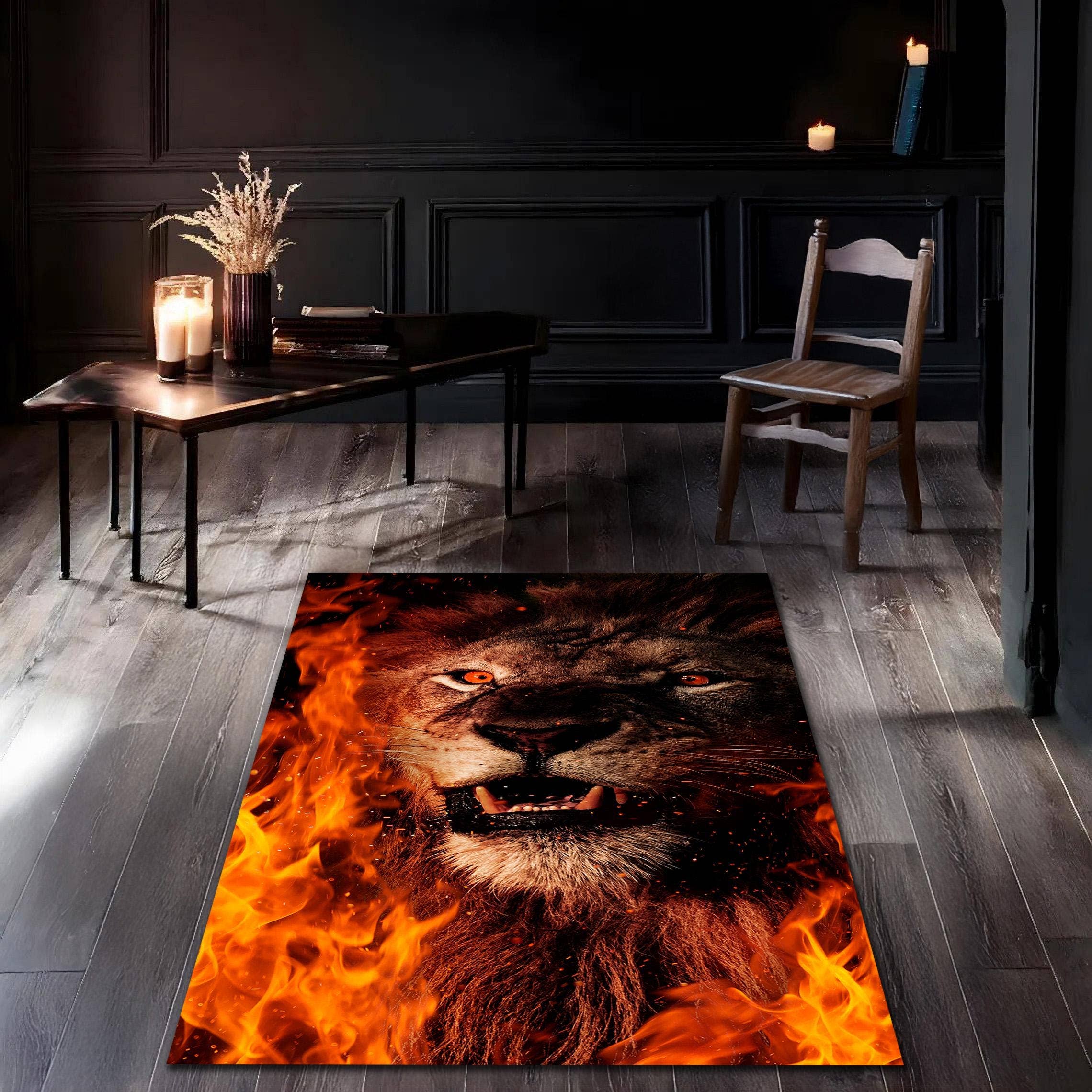 Rugendary Trade LLC – wholesale Area rug – Fiery Lion Rug: Bold Jungle Theme, Animal Print Floor Mat1