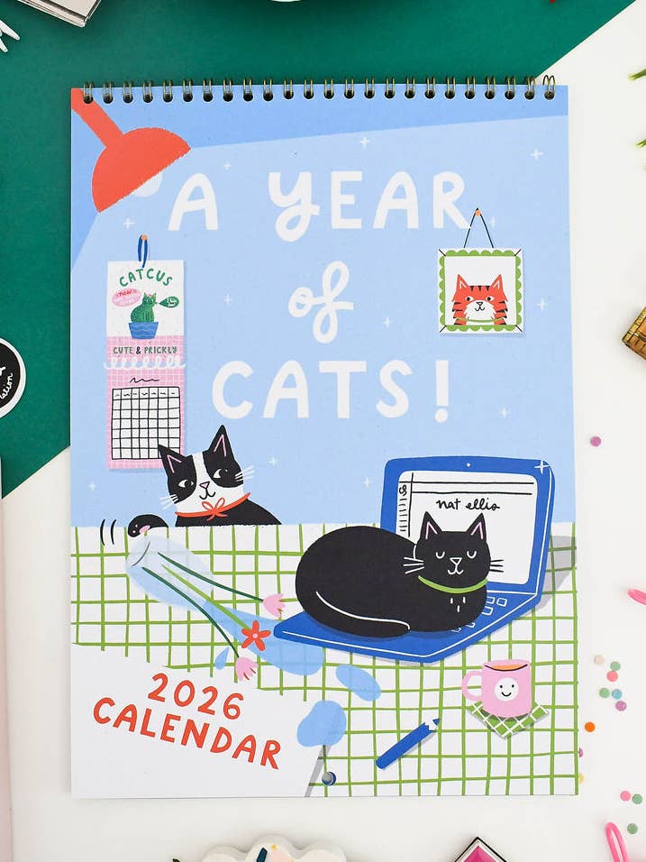 NEW A Year of Cat 2026 Calendar_ A4 Double Page Calendar for wholesale by Nat Ellis Illustration