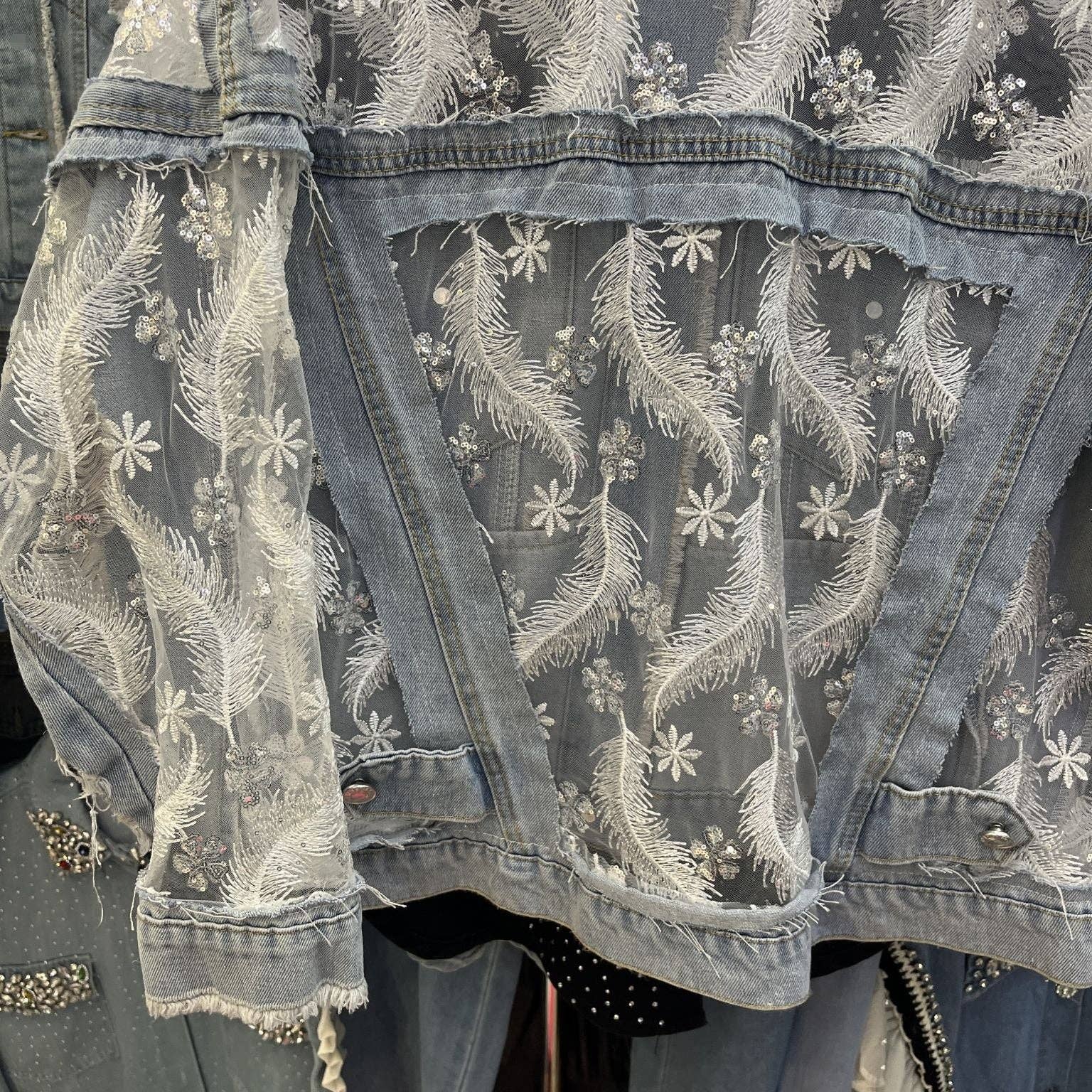 Blue M135 Double-Layer Lace Mesh Embroidered Denim Jacket for wholesale on Faire7
