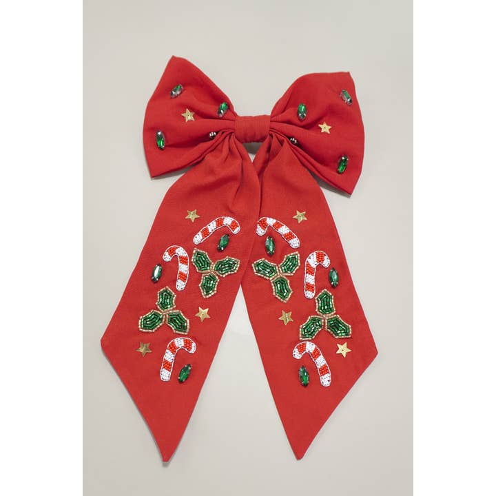 JOSSLYN by wall to wall - Wholesale Hair Pin - CHRISTMAS CANDY CANE SEED BEAD HAIR BOW CLIP | 91HC4531