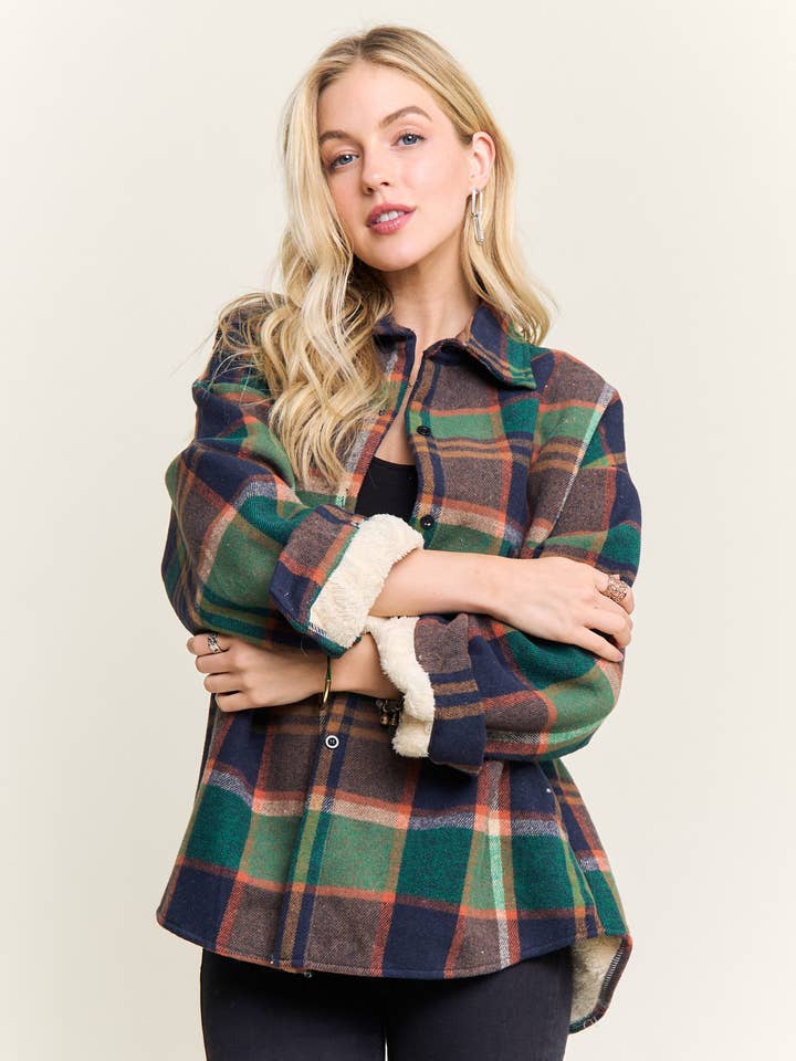 CEJ4141-PLAID SHERPA-LINED BUTTON DOWN SHACKET for wholesale by ADORA LA