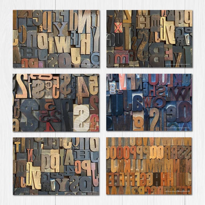 Juego de tarjetas postales Letterpress Wood Letters, paquete de 6 para venta al por mayor de Black River Letterpress & Paper Co.