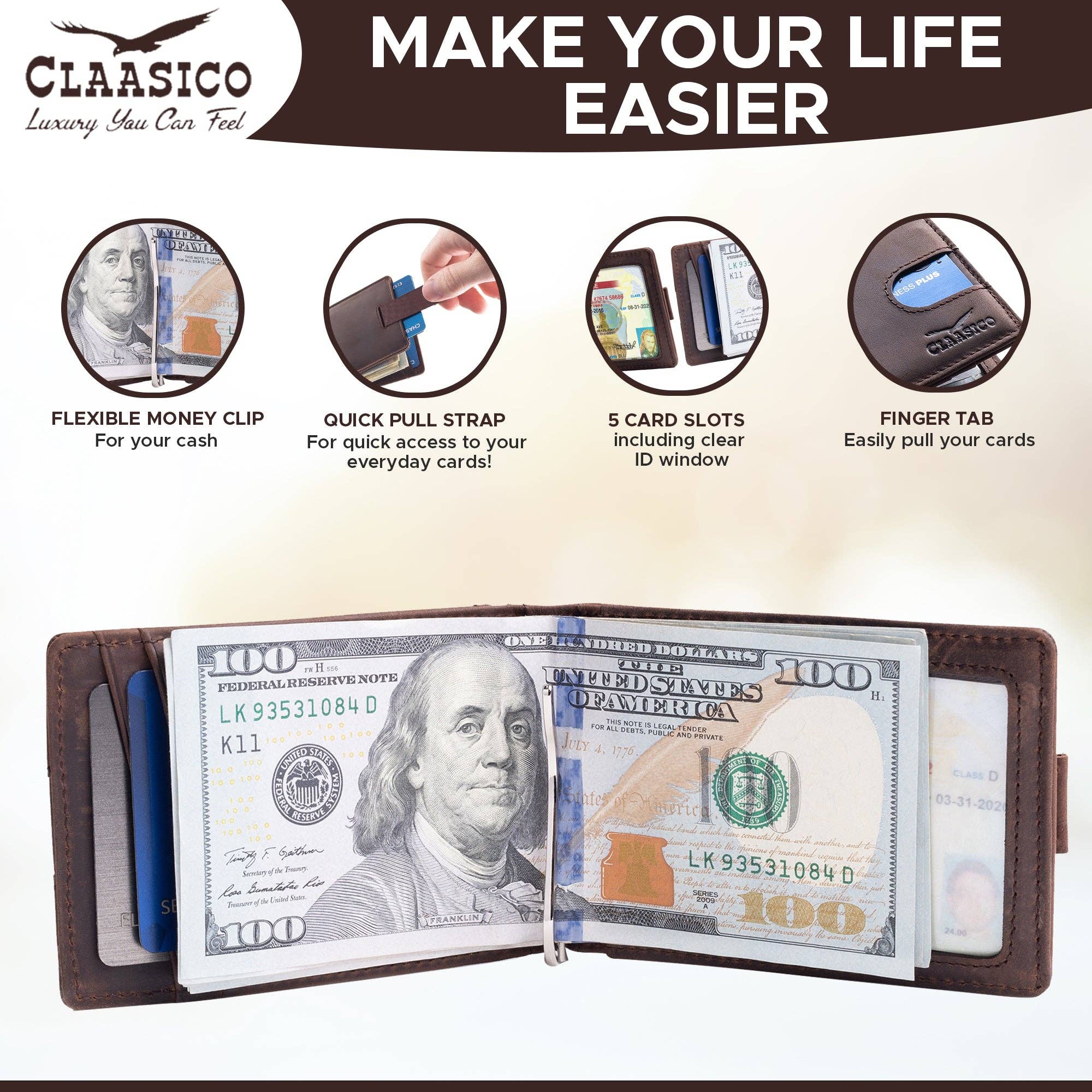 Claasico - Wholesale Wallet - Men's - Small bifold leather money clip wallet with pull strap11