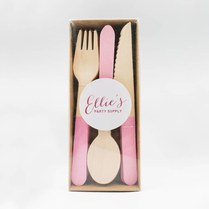 Ensemble d'ustensiles en bois rose pastel – 24 pièces | EN SOLDE !! pour la vente par Ellie's Party Supply