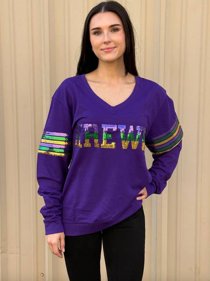 French Terry Adult Sequins KREWE Shirt - Purple for wholesale by Mardi Gras Creations