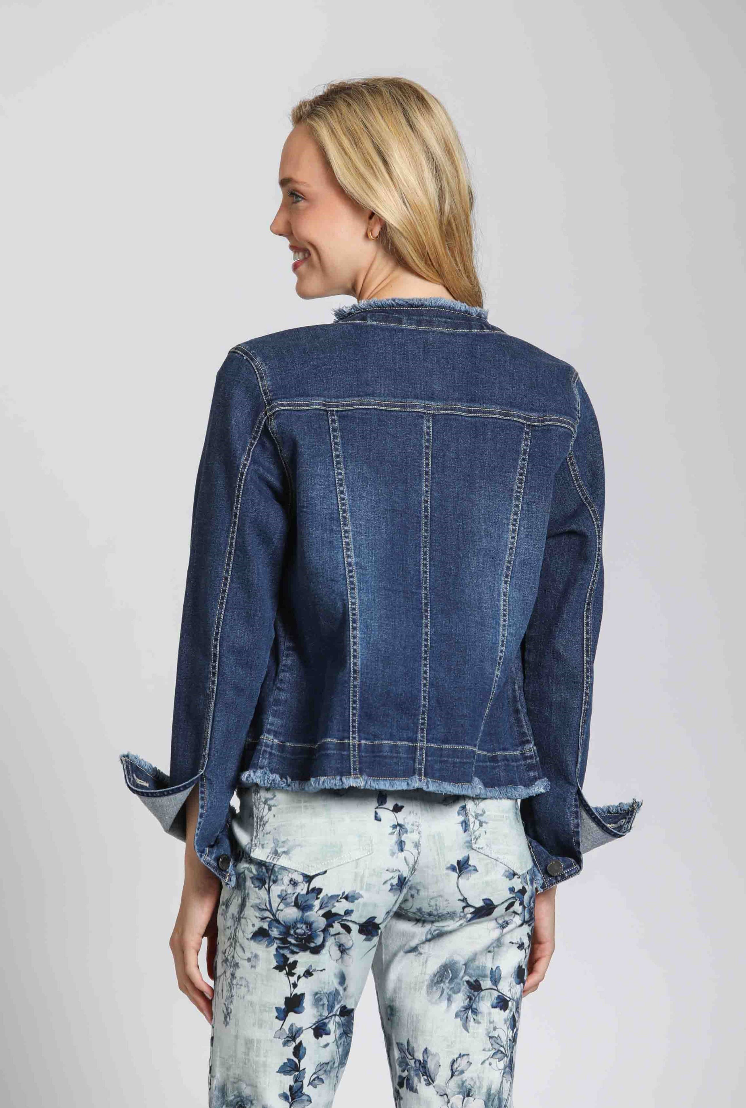 Collarless Jean Jacket With Frayed Detail - INDIGO for wholesale on Faire1