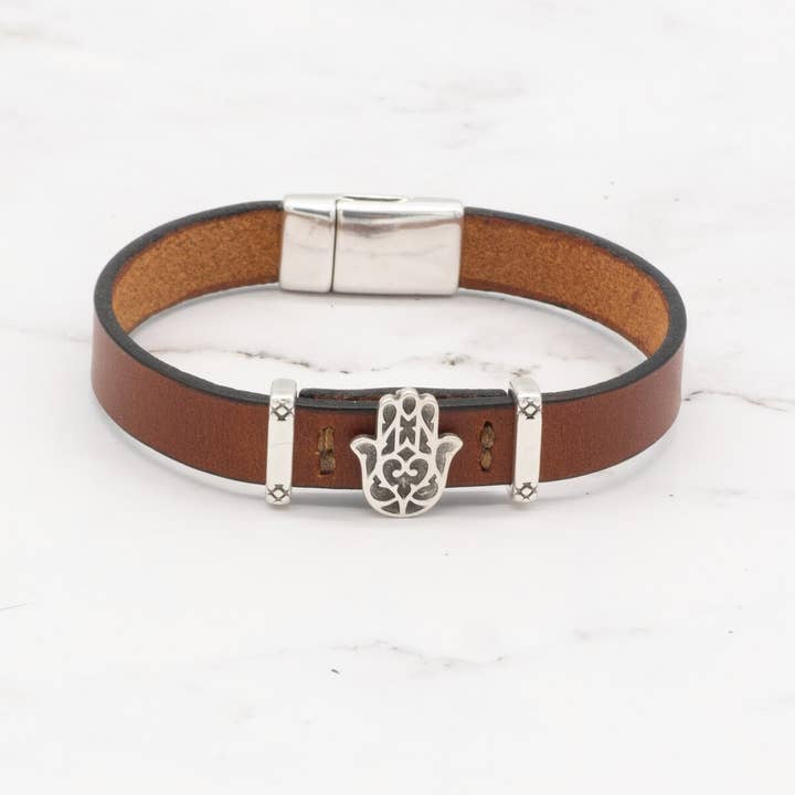 Leather Bracelet with Silver Charm & Magnetic Clasp - Hamsa for wholesale by Arbor Trading Post