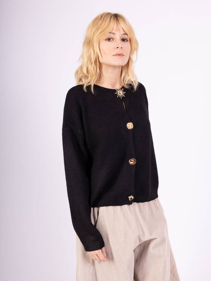 Cardigan Stora Knappar Fantasi Ribbstickad 10% Ull för wholesale av L'Emotion