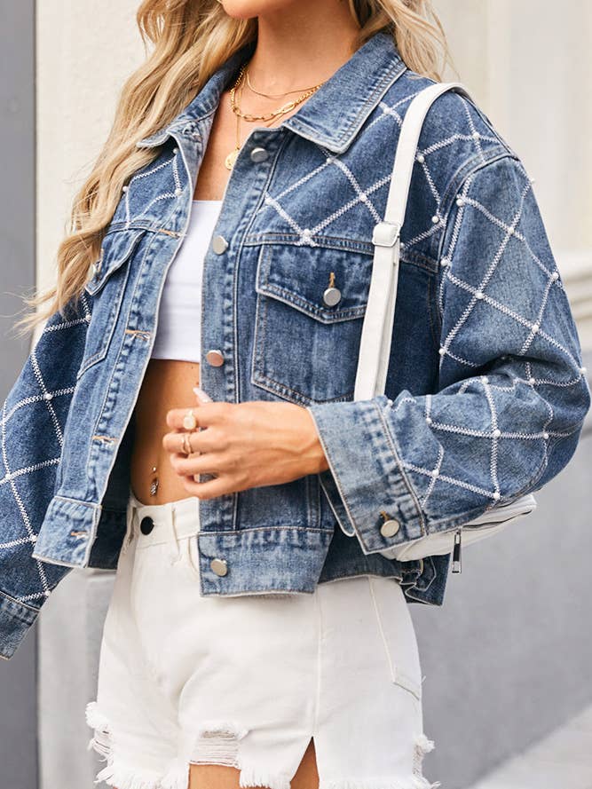 Long Sleeves Blue Embroidery Rivet Denim Jacket MN48 for wholesale on Faire2