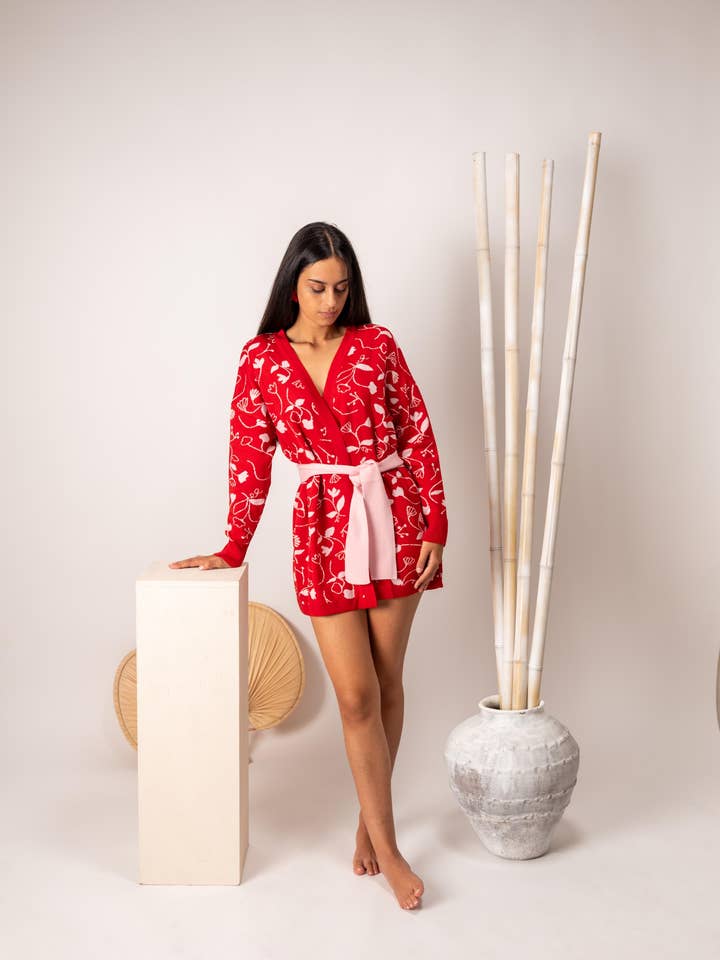 Hanami red and pink merino wool kimono jacket for wholesale by Magical Crisálida