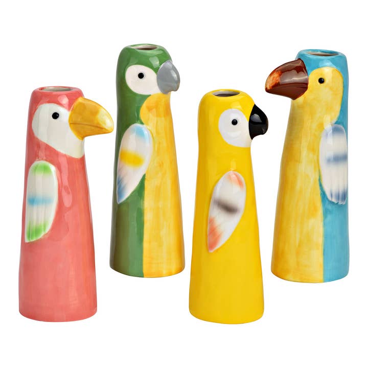 Vase Perroquet en porcelaine, 4 fois, Jaune/Rose/Vert/Bleu (L/H/P) 5x16x5cm pour la vente par Wurm