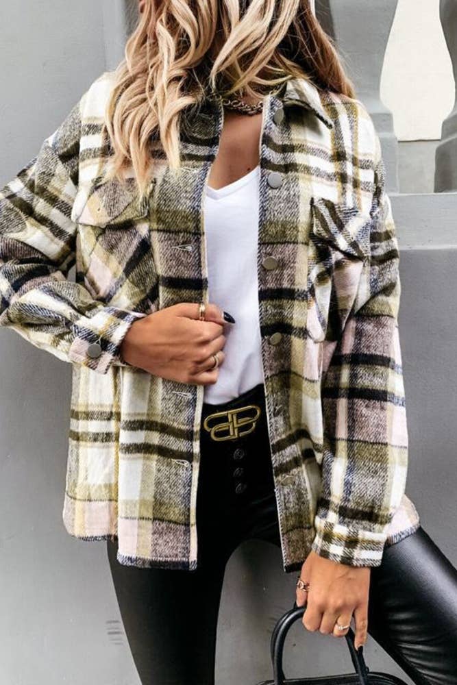 Pink Plaid Flannel Shacket Jacket Women STC211-P1 for wholesale on Faire2