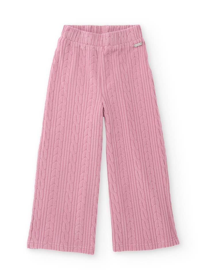 Pantalon fille en rose en maille torsadée et taille élastique pour la vente par tuc tuc