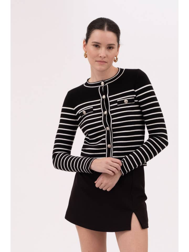 BLACK CONTRAST STRIPE ROUND NECK BUTTON DOWN CARDIGAN for wholesale on Faire