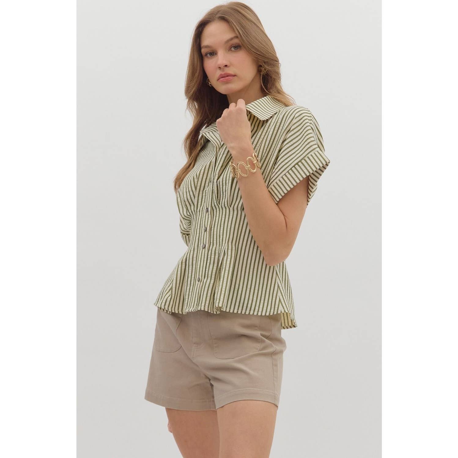 STYLE USA - Wholesale Tunic - Women's - Stripe collar button front pleated top1