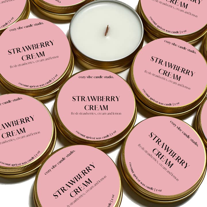 Strawberry Cream | 2oz Travel Candle for wholesale by Cozyvibecandlestudio