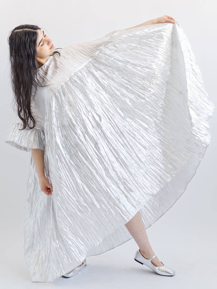 Nettle Studios - Wholesale Dress - Women's - Size Inclusive Plus Size Silver Metallic Ruffle Maxi Dress8