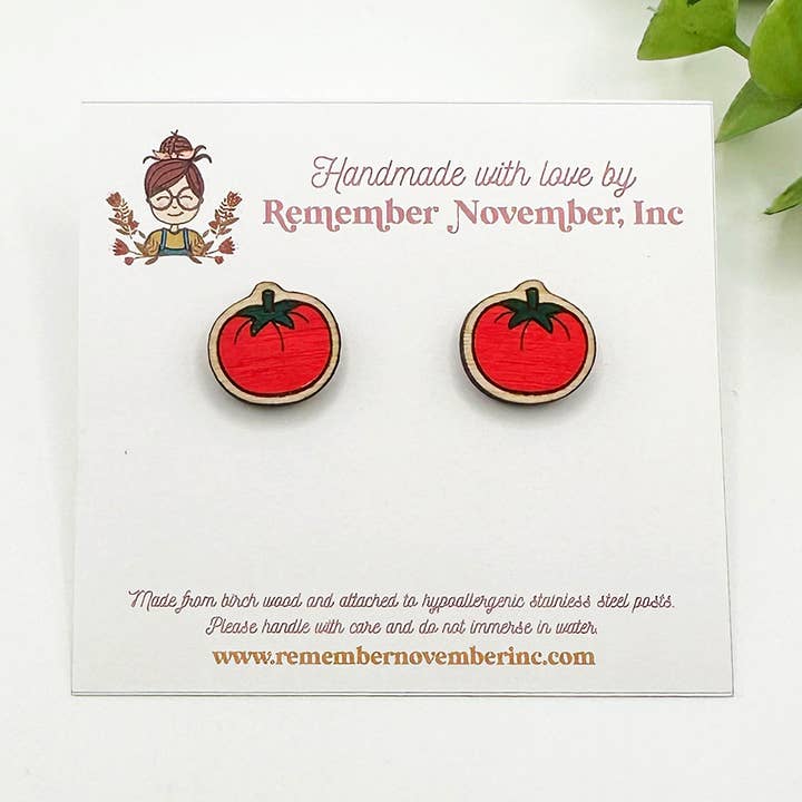Tomato Earrings, Tomato Studs, Birch Wood Handpainted for wholesale by Remember November, Inc