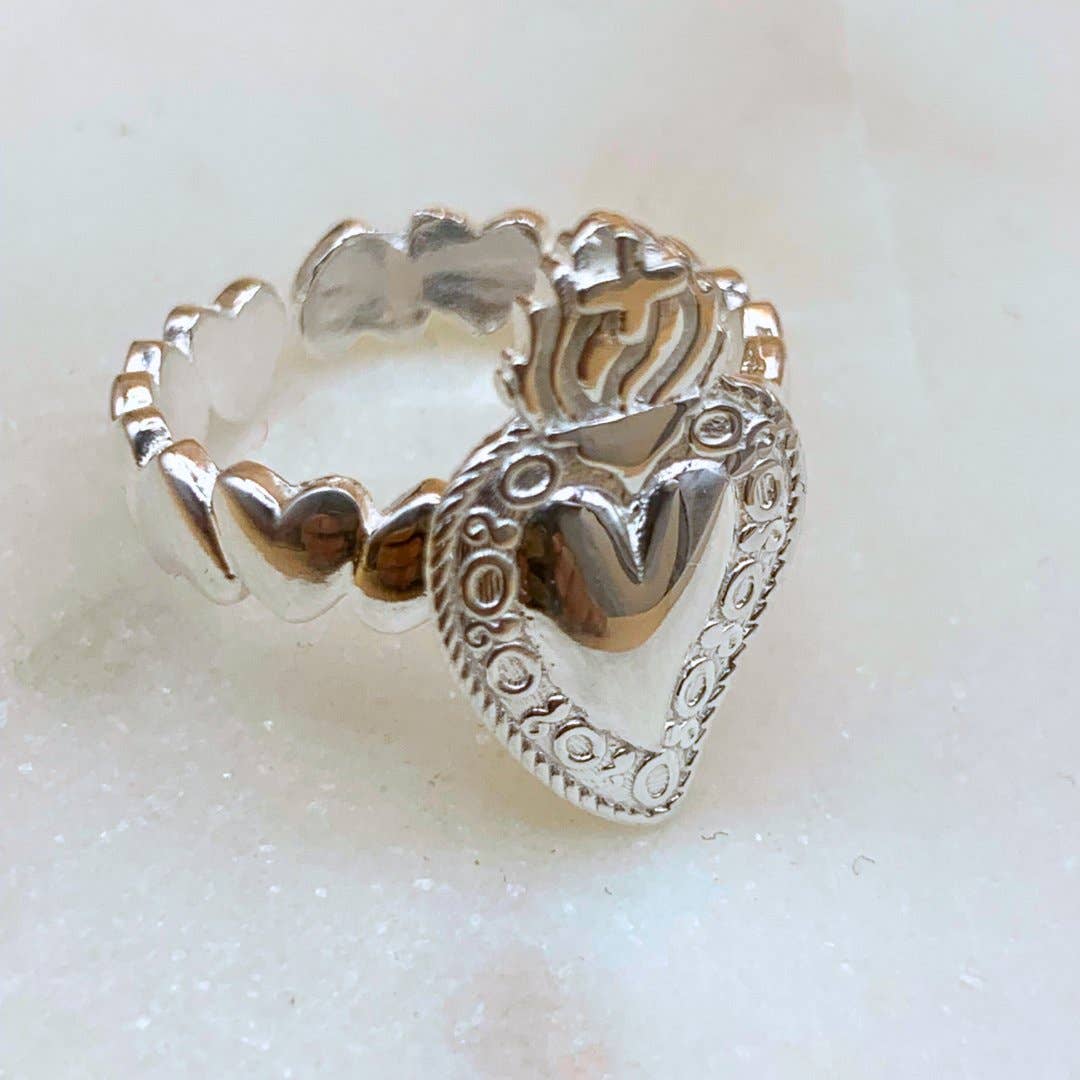 Guadalupe Gifts - Wholesale Band/Stacked Ring - Silver Adjustable Sacred Heart Ring2