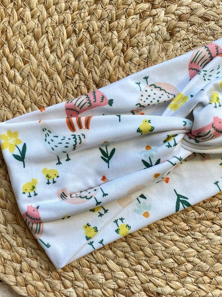 Floral Chickens Knit Twist Headband for wholesale by Designs by Rachel Joy