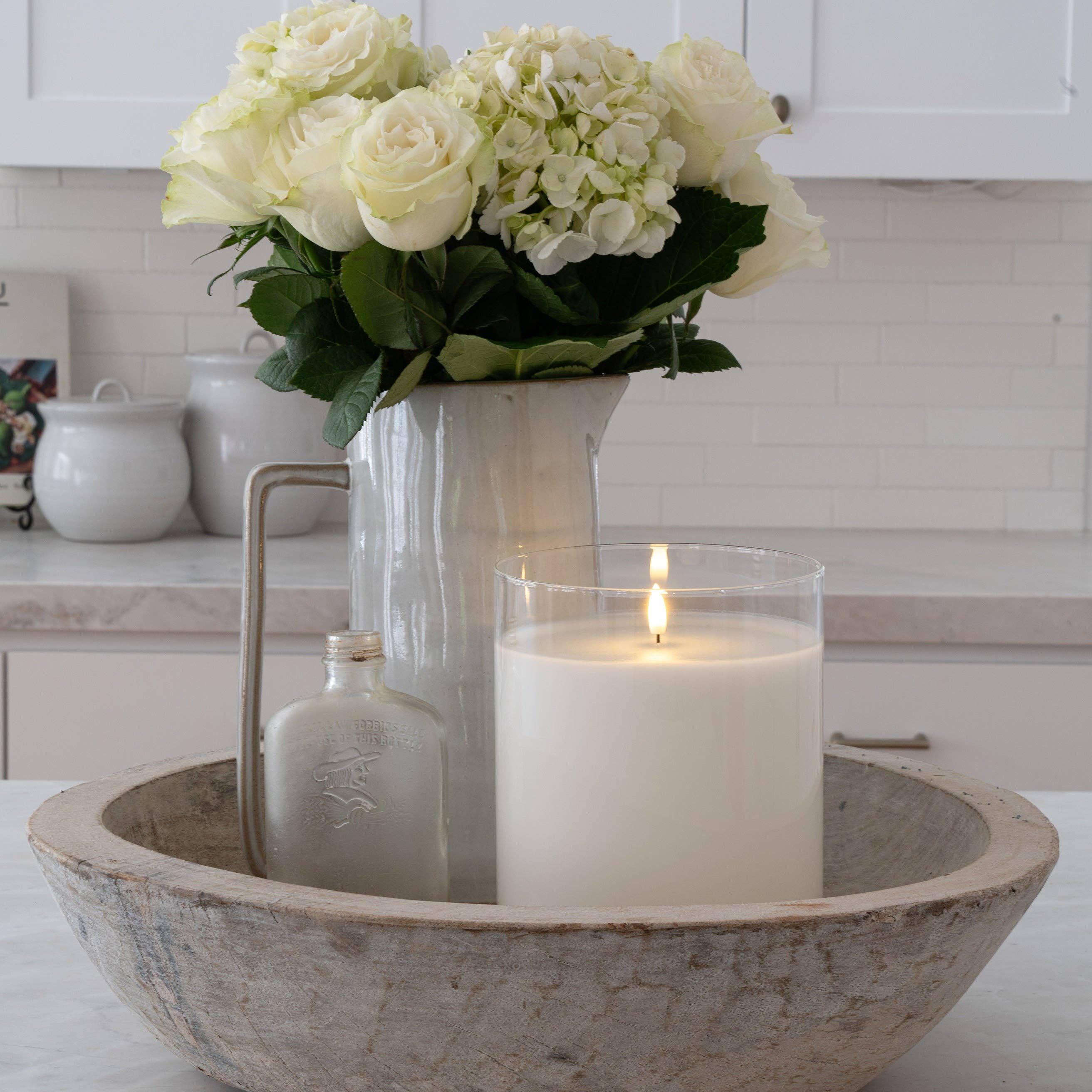 Sandstone & Sage – wholesale Flameless candle – White LED Flameless Hurricane Glass Candle with Timer and Remote - Elegant Ambient Lighting2