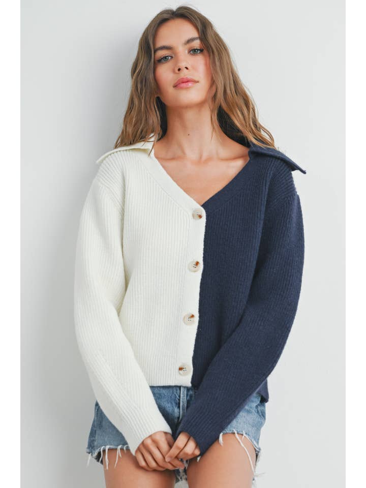BUTTERMELON - Wholesale Cardigan - Women's - Two Tone V-Neck Cardigan - BMW7390