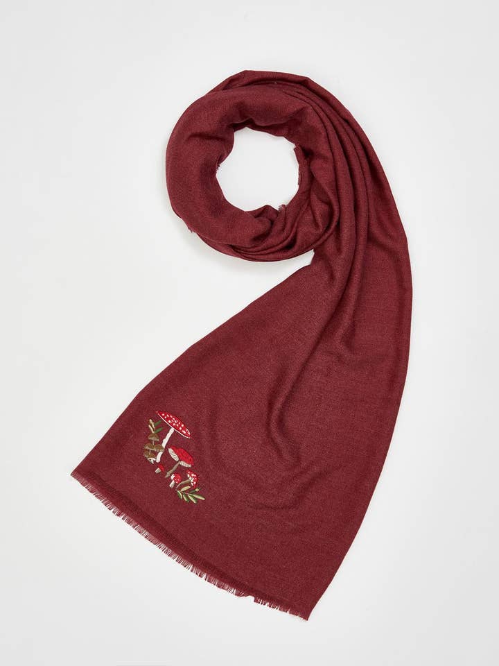 FABLE Mushroom Embroidered Burgundy Pashmina Scarf for wholesale by Fable England