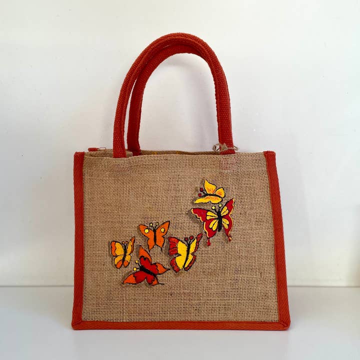 Pequena bolsa de juta crua, com borboletas pintadas à mão por atacado de Elles et No.