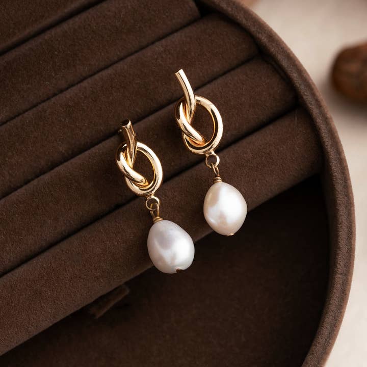Knot Pearl Drop Earrings,Dainty Baroque Pearl Earrings for wholesale by Drrtymagic