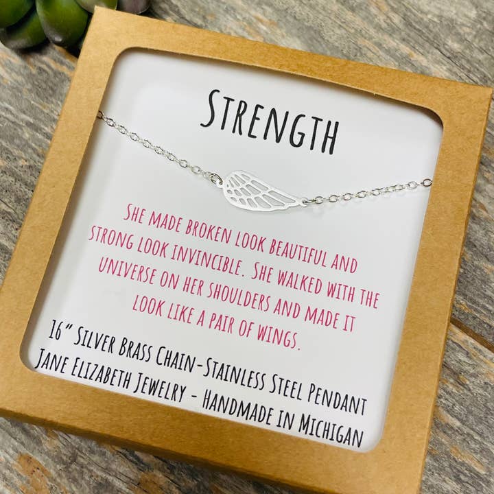 Jane Elizabeth Jewelry - Wholesale Pendant/Charm Necklace - Silver Wing Strength Necklace, Encouraging Gift for Woman